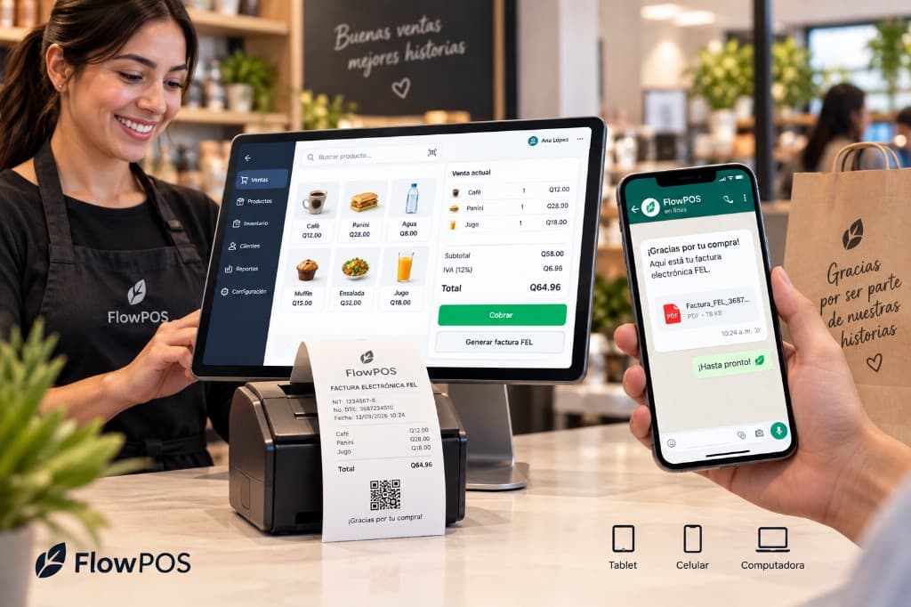 Cajera en FlowPOS: venta en tablet, factura FEL impresa y el comprobante en el WhatsApp del cliente